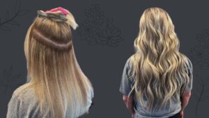 Before and After hand-tied hair extensions blue mesa salon Loveland, CO